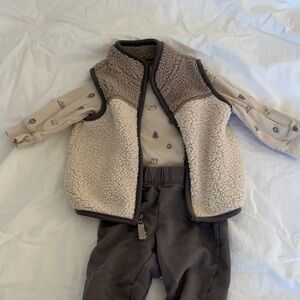 Carter's Cream Sherpa Vest with Brown Trim & Neutral Outfit